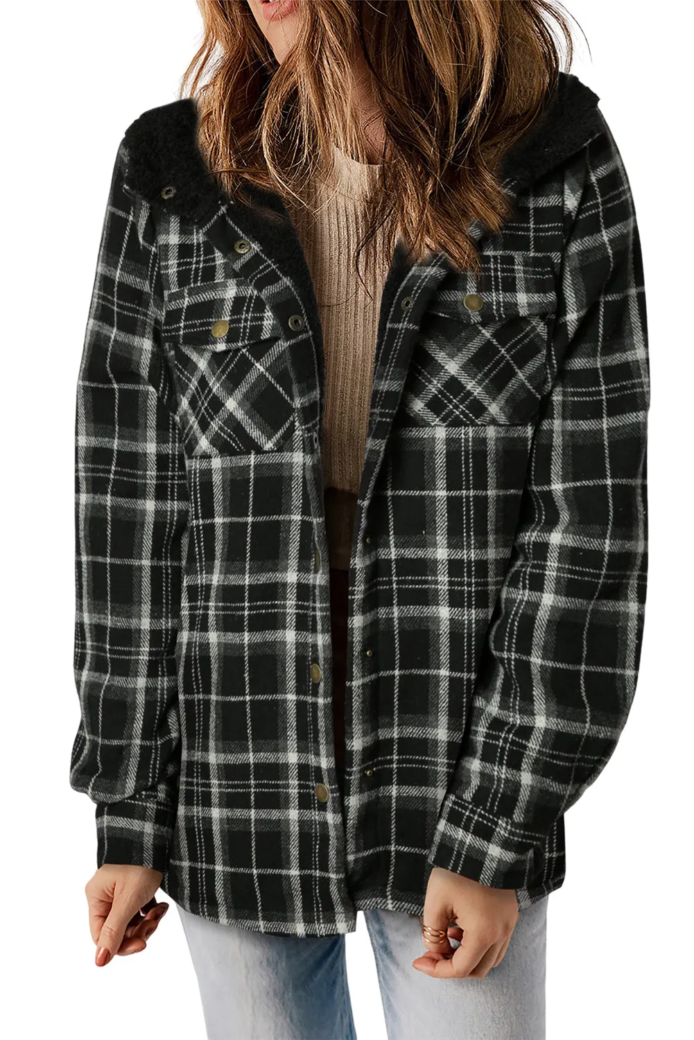 Black-2 Plaid Pattern Sherpa Lined Hooded Shacket