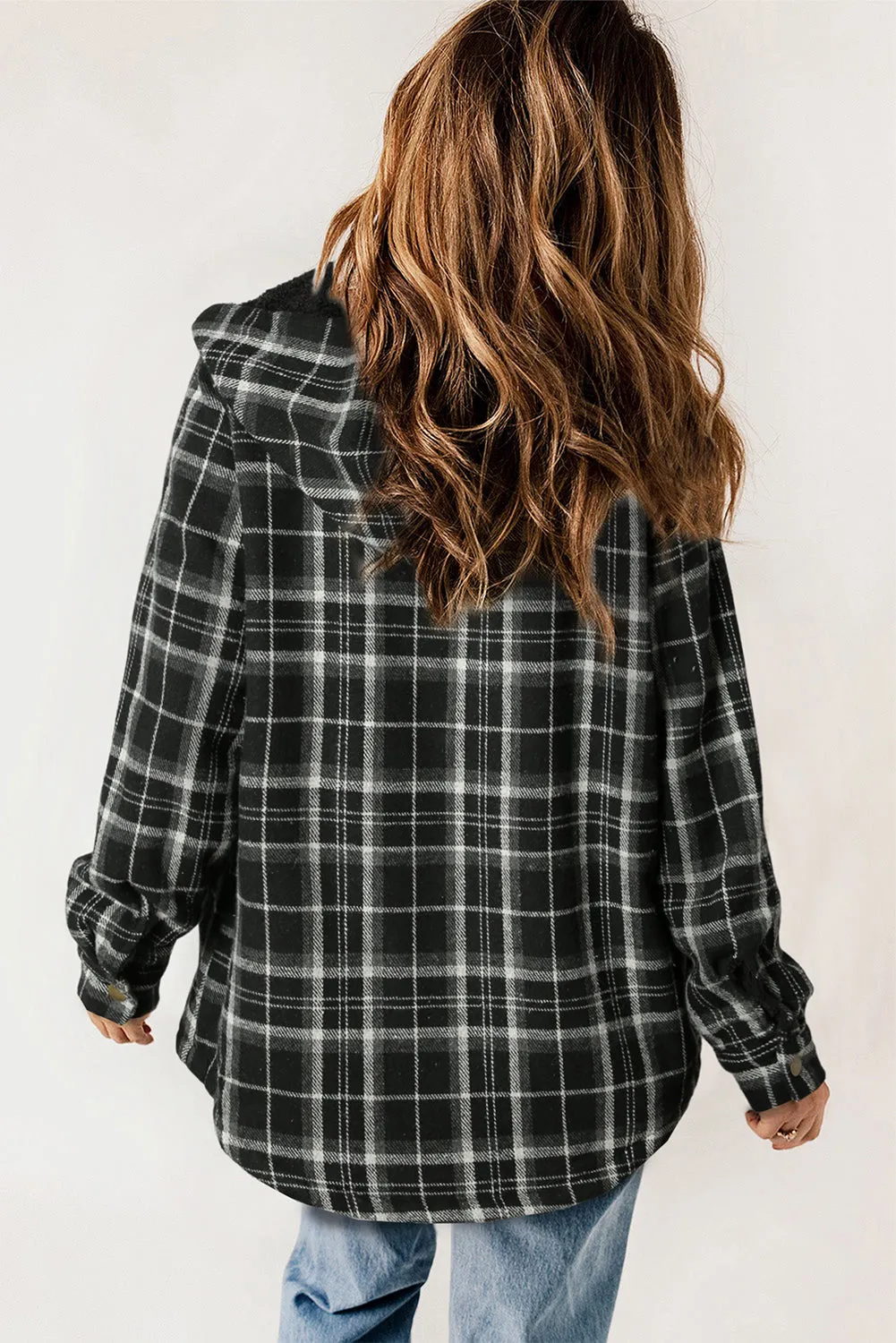 Black-2 Plaid Pattern Sherpa Lined Hooded Shacket