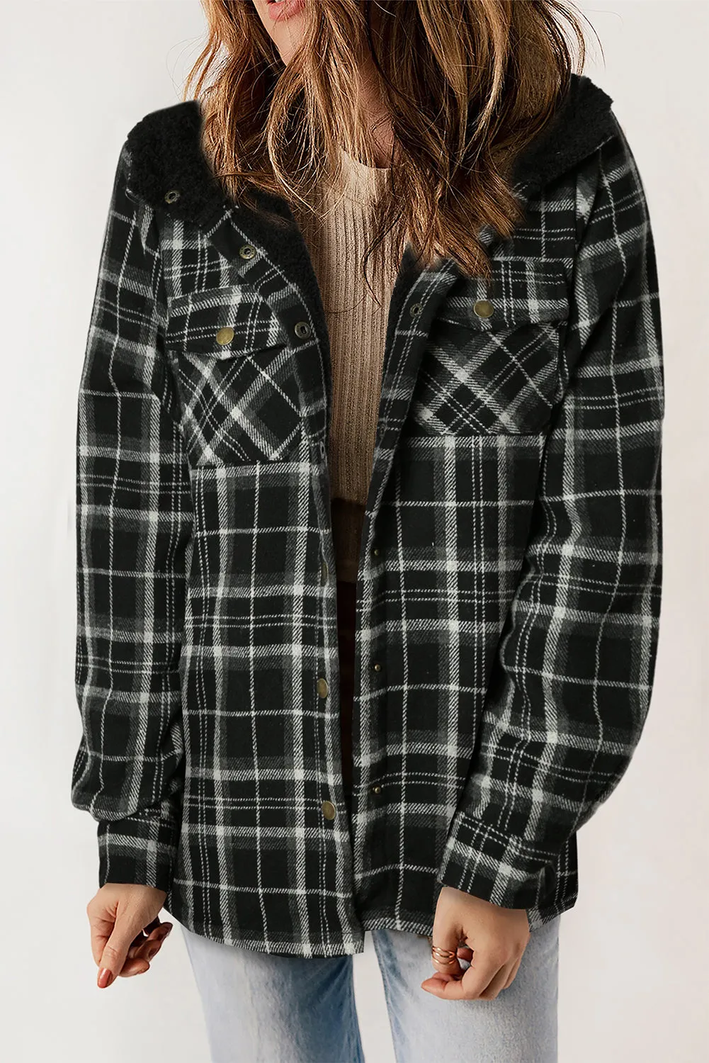 Black-2 Plaid Pattern Sherpa Lined Hooded Shacket