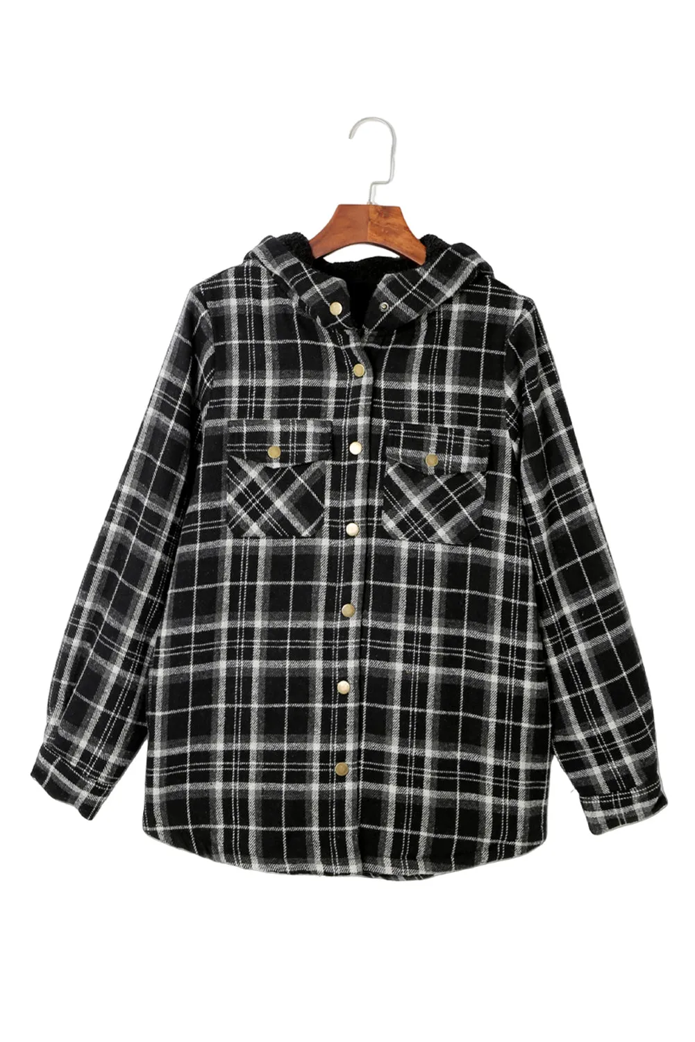 Black-2 Plaid Pattern Sherpa Lined Hooded Shacket