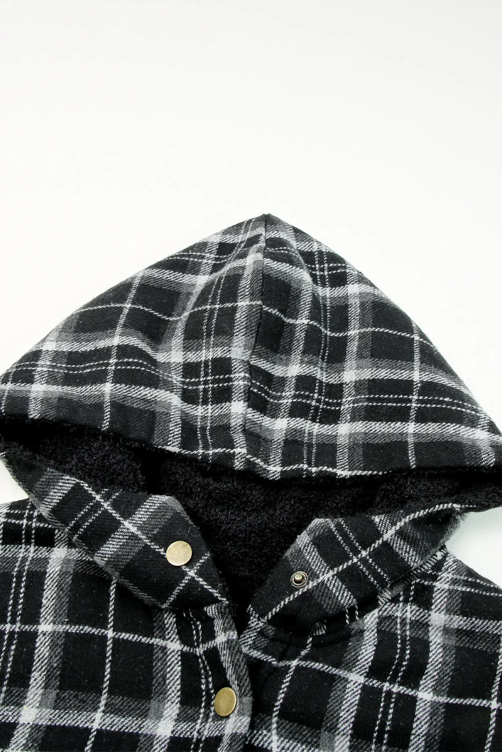 Black-2 Plaid Pattern Sherpa Lined Hooded Shacket