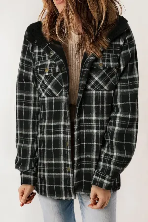 Black-2 Plaid Pattern Sherpa Lined Hooded Shacket