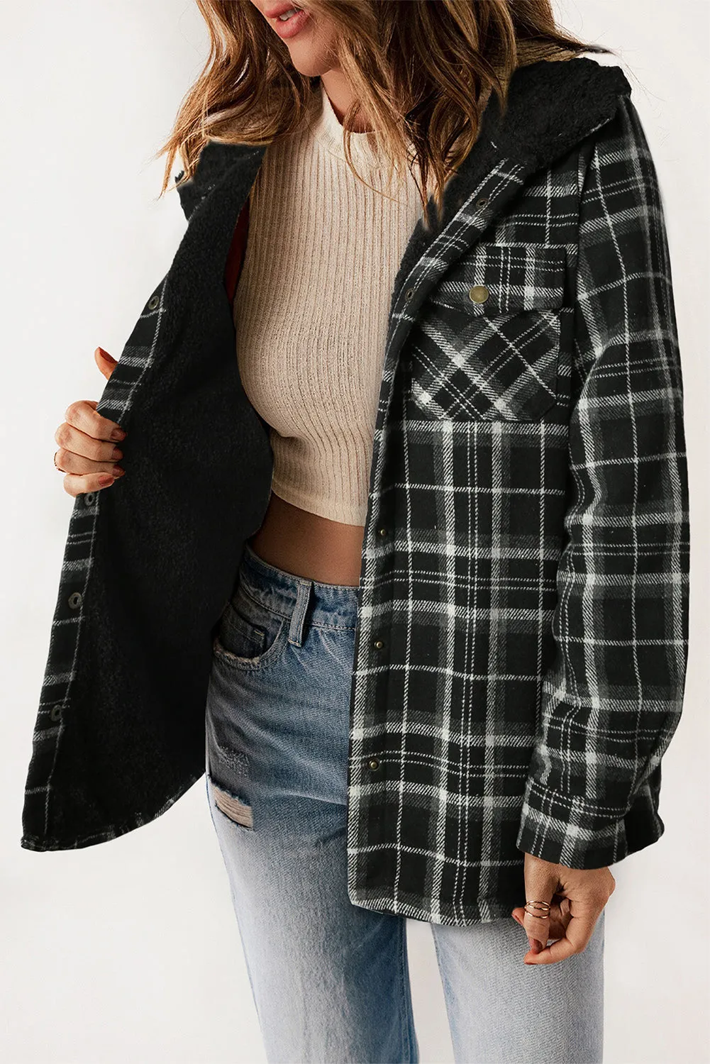 Black-2 Plaid Pattern Sherpa Lined Hooded Shacket