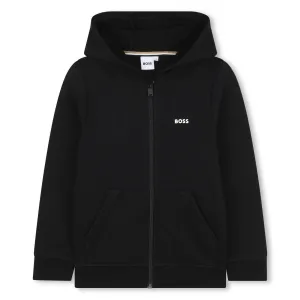 Black Cotton Printed Logo Hooded Cardigan