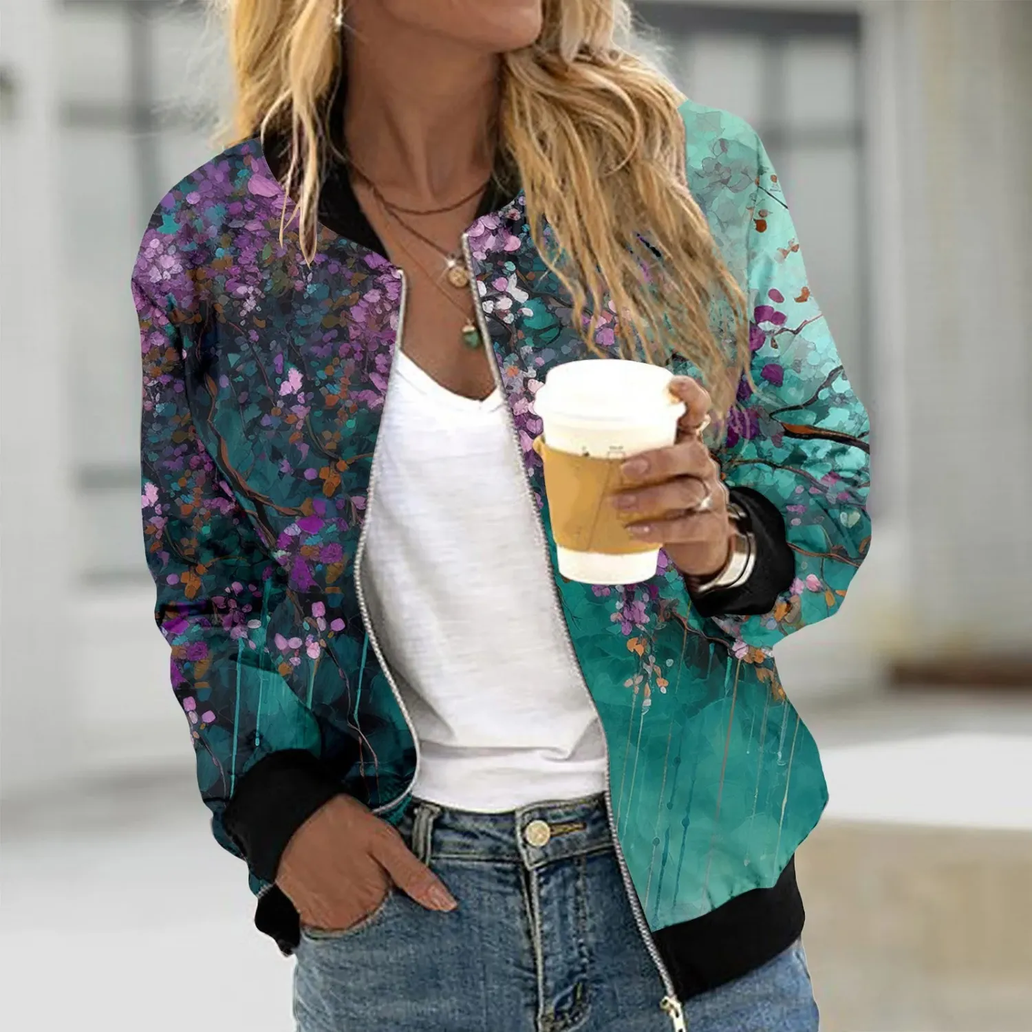 Blossoming Zip-Up Jacket for Ladies in Easygoing Style