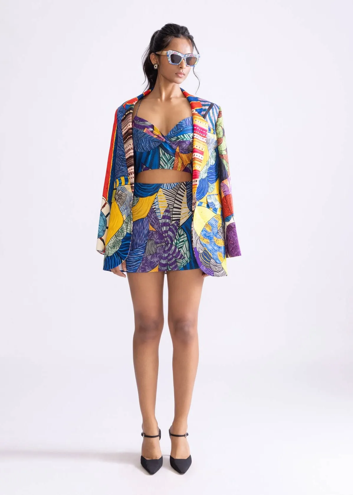Blue tribal printed bustier, skort and blazer
