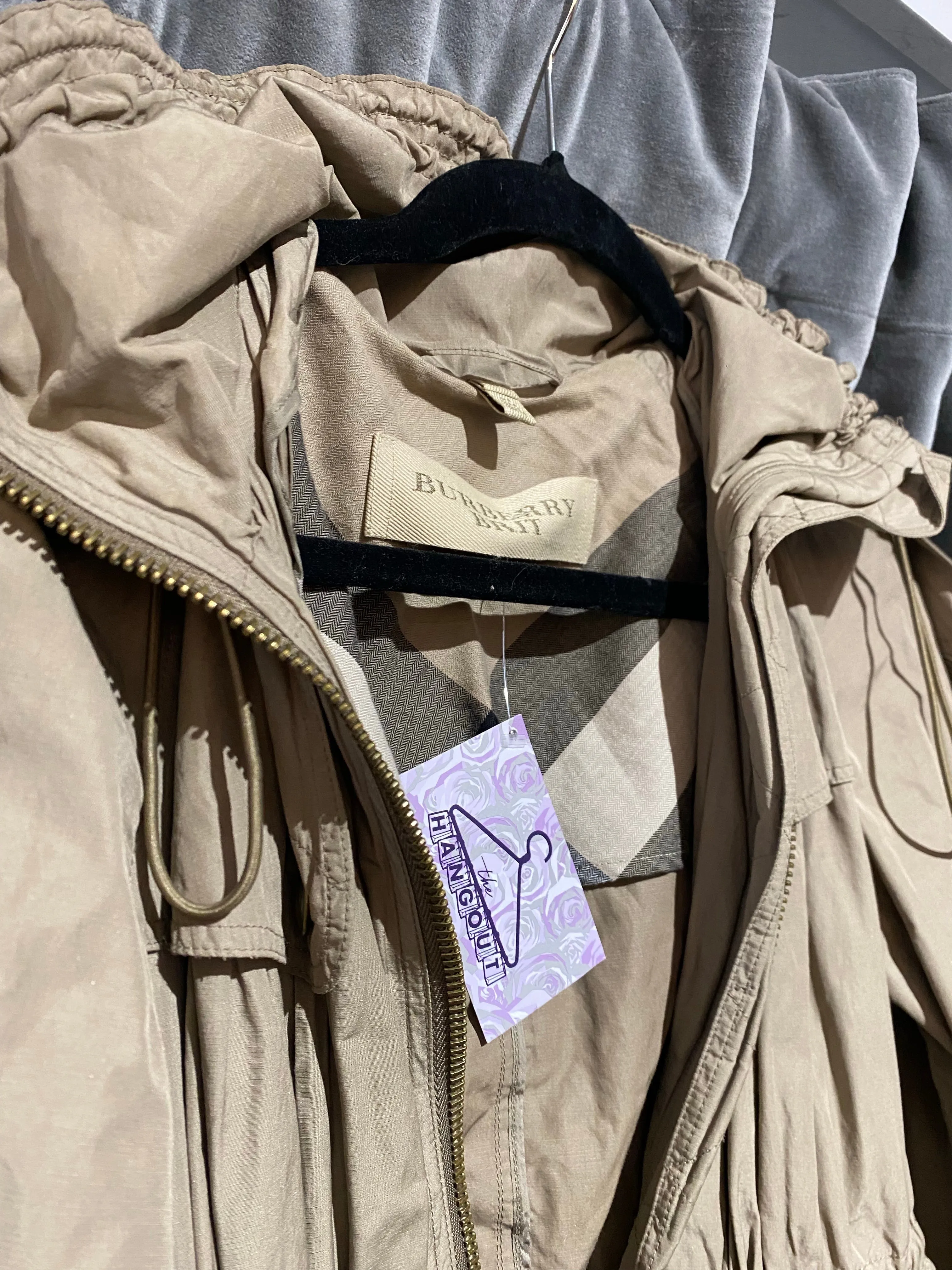 BURBERRY BRIT Dark Khaki Hooded Full Zip Raincoat