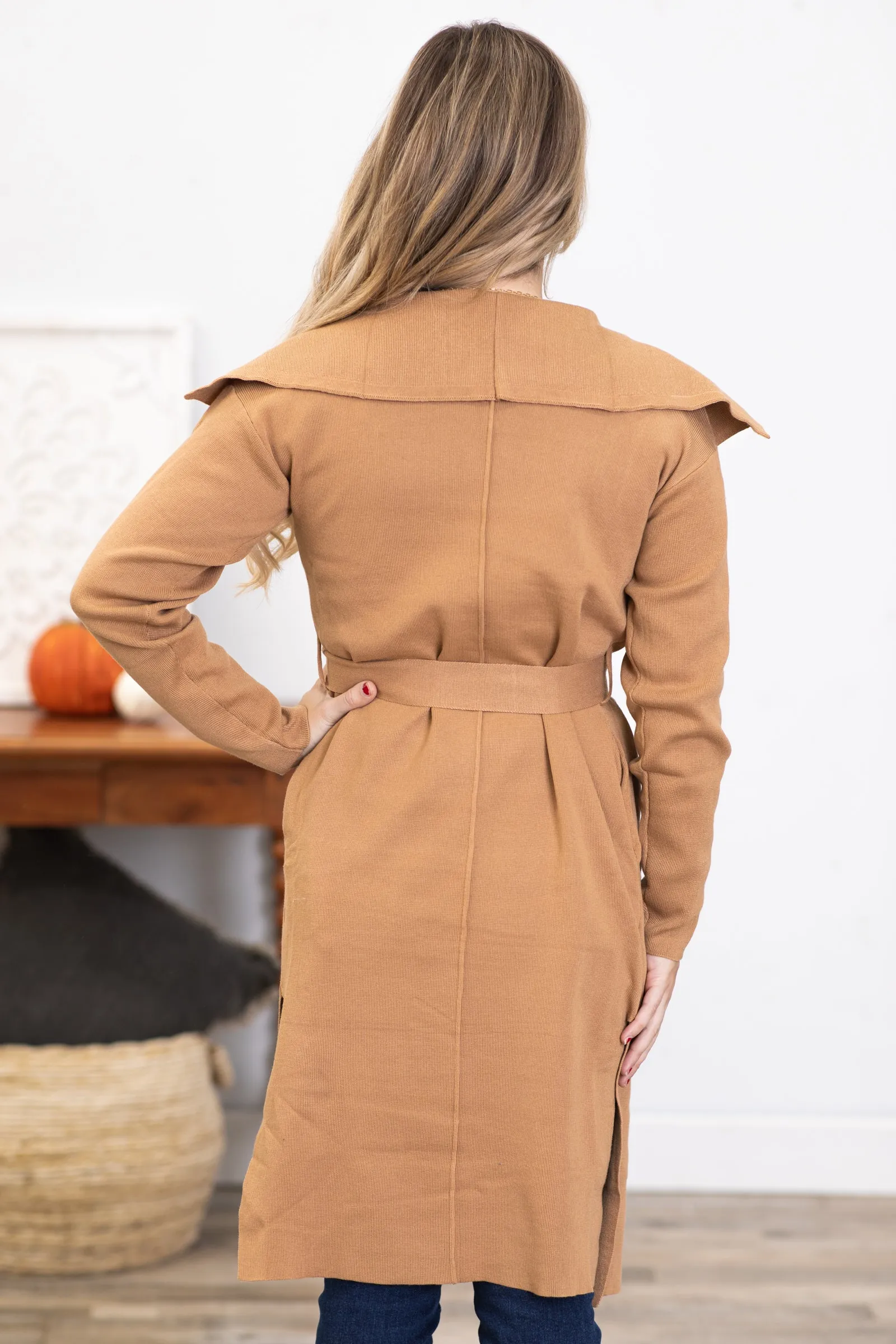 Camel Self Tie Knit Coat