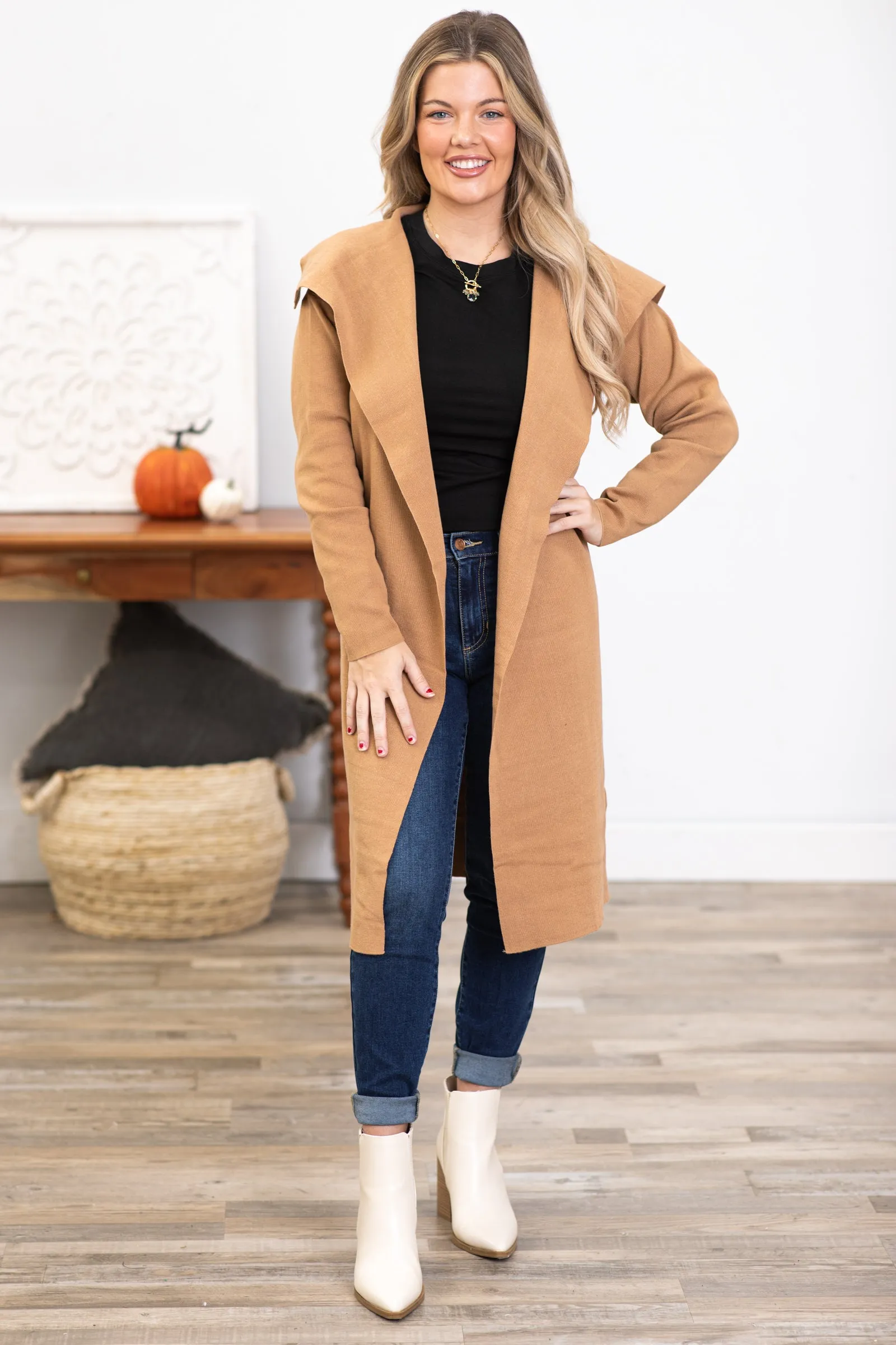 Camel Self Tie Knit Coat