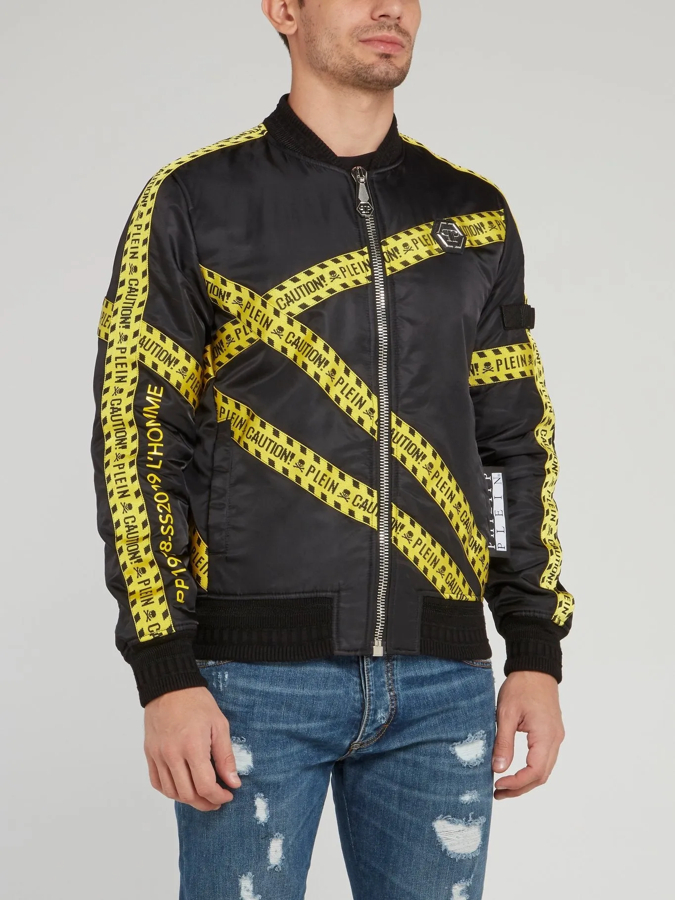 Caution Tape Skull Print Bomber Jacket