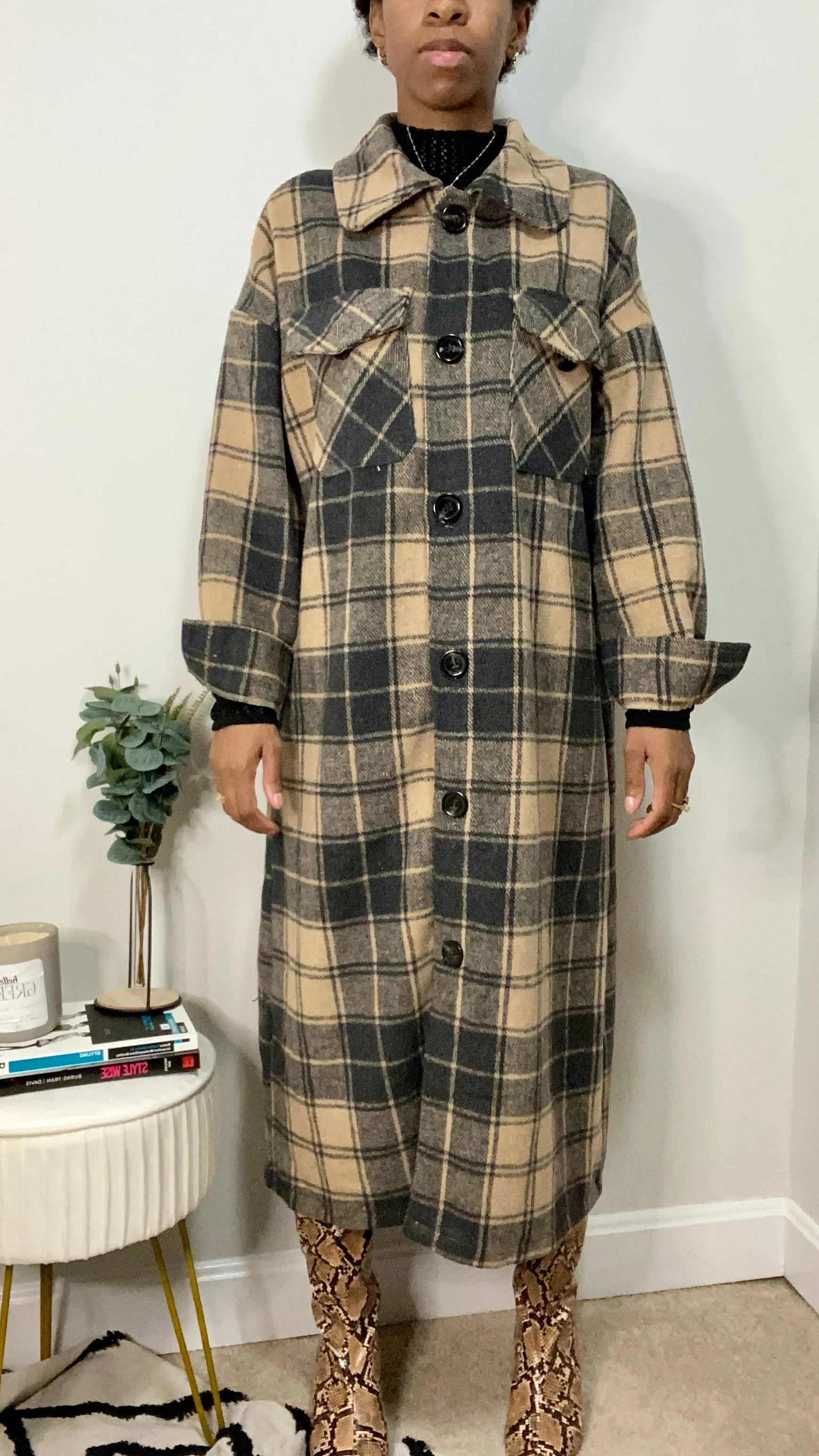 Checkmate Plaid Fleece Shacket - Black/Tan