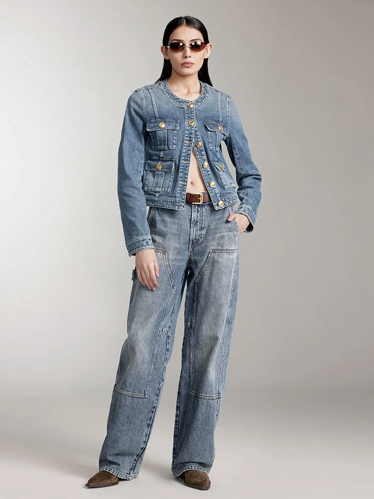 Crew Neck Cropped Cargo Denim Jacket
