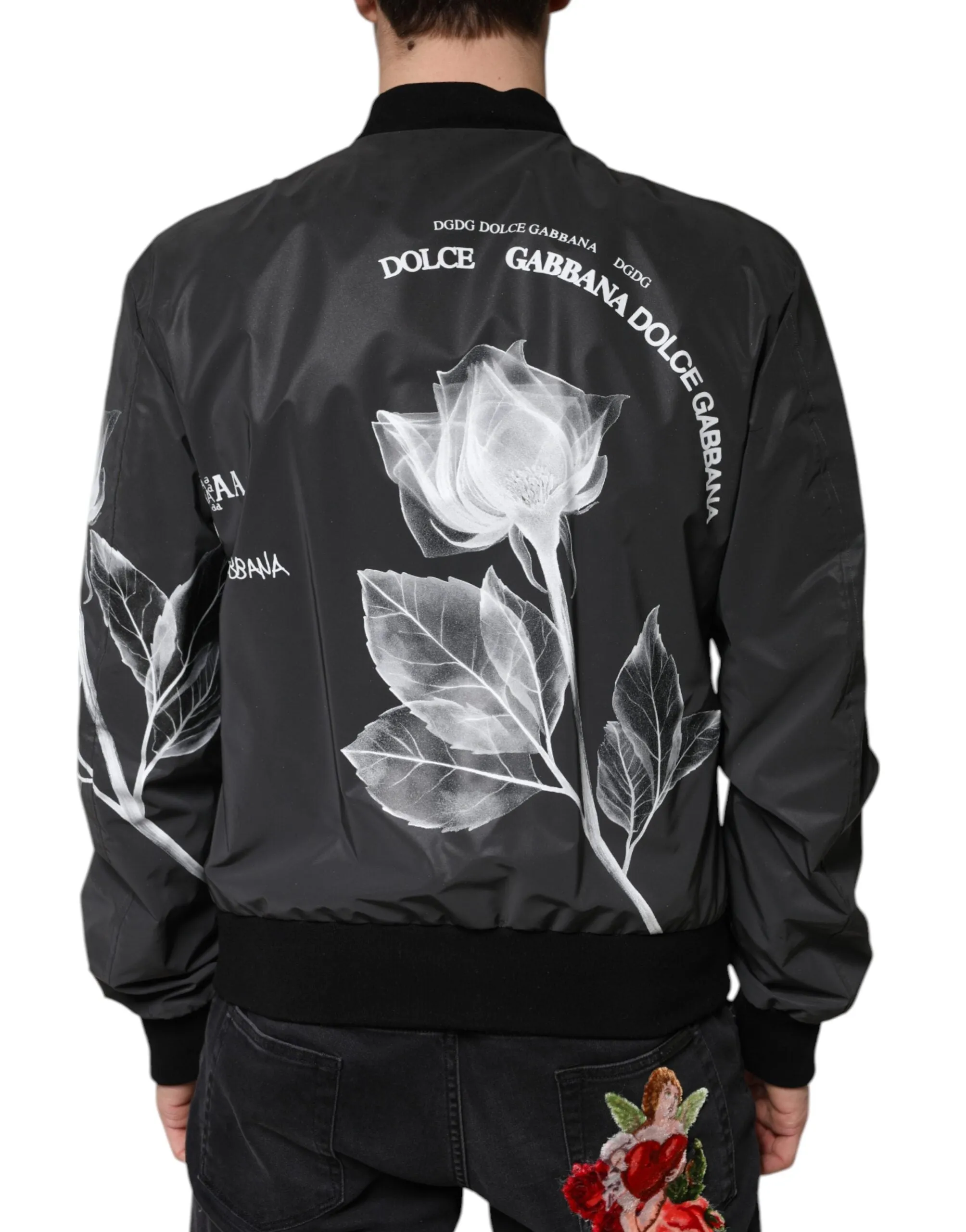 Dolce&Gabbana Men Black Bomber 100% Nylon Floral Print Full Zip Jacket Sz IT 48