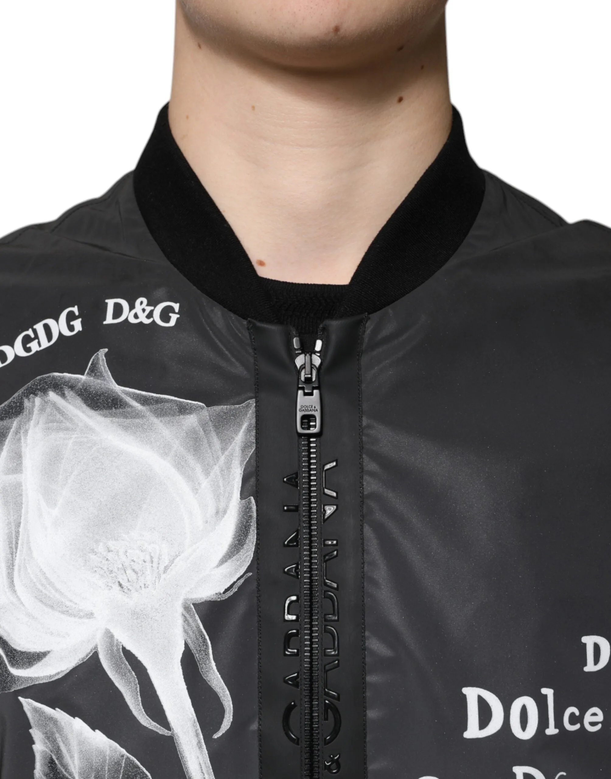 Dolce&Gabbana Men Black Bomber 100% Nylon Floral Print Full Zip Jacket Sz IT 48