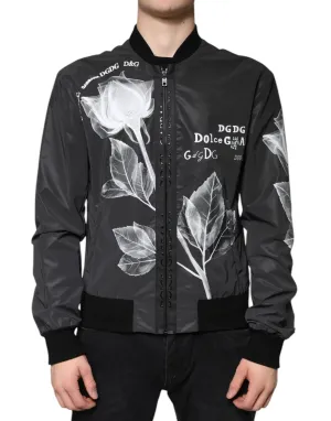 Dolce&Gabbana Men Black Bomber 100% Nylon Floral Print Full Zip Jacket Sz IT 48