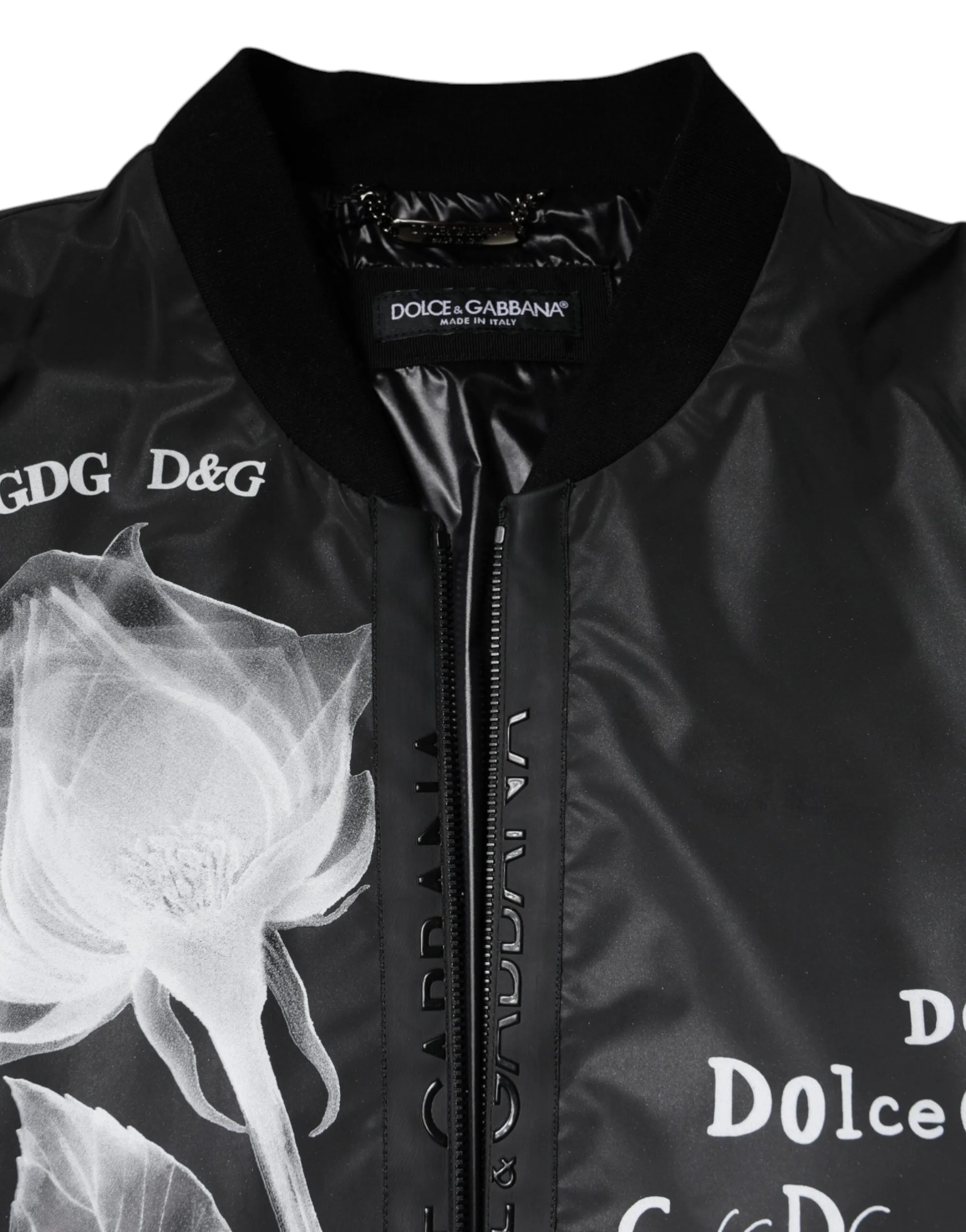 Dolce&Gabbana Men Black Bomber 100% Nylon Floral Print Full Zip Jacket Sz IT 48