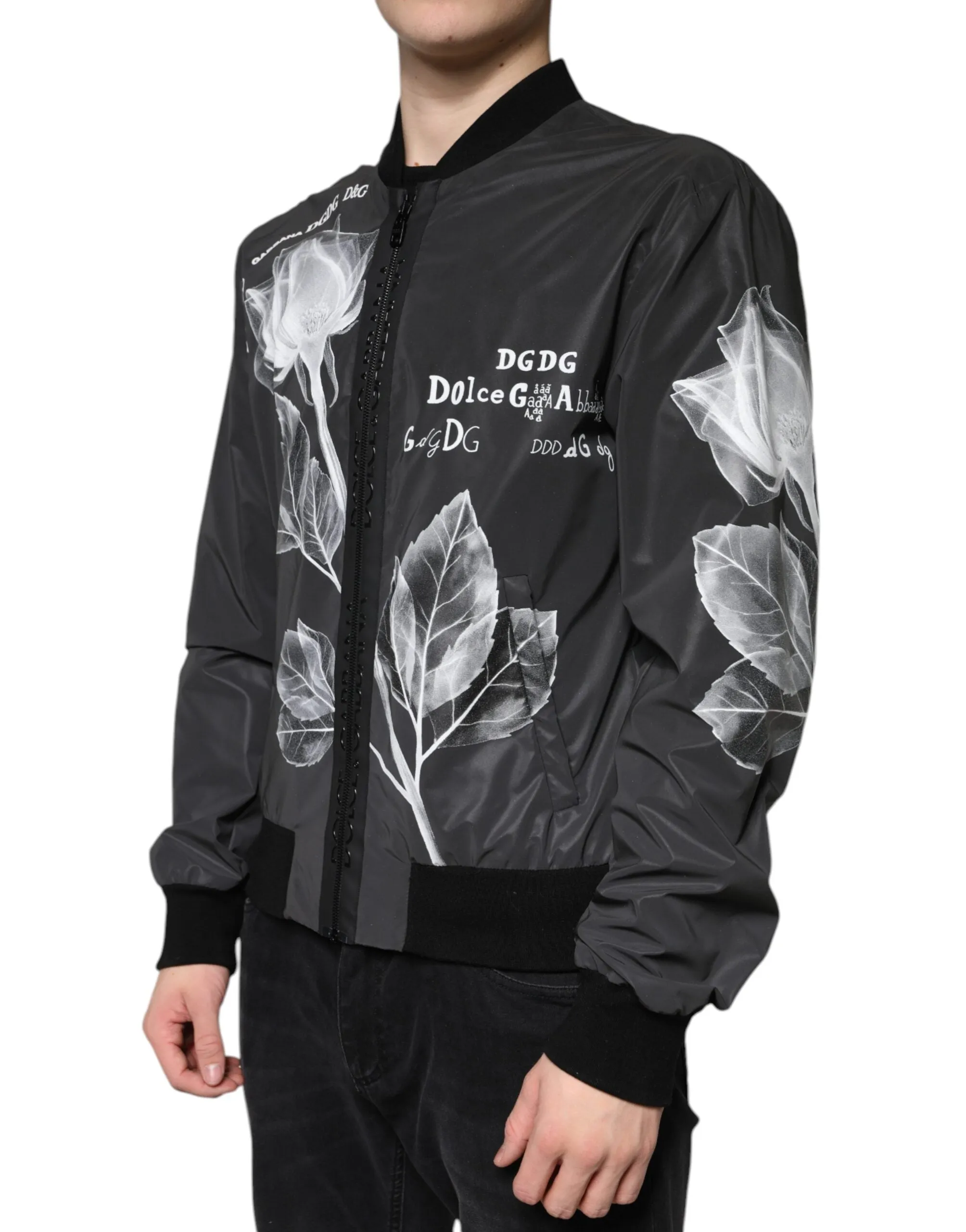 Dolce&Gabbana Men Black Bomber 100% Nylon Floral Print Full Zip Jacket Sz IT 48
