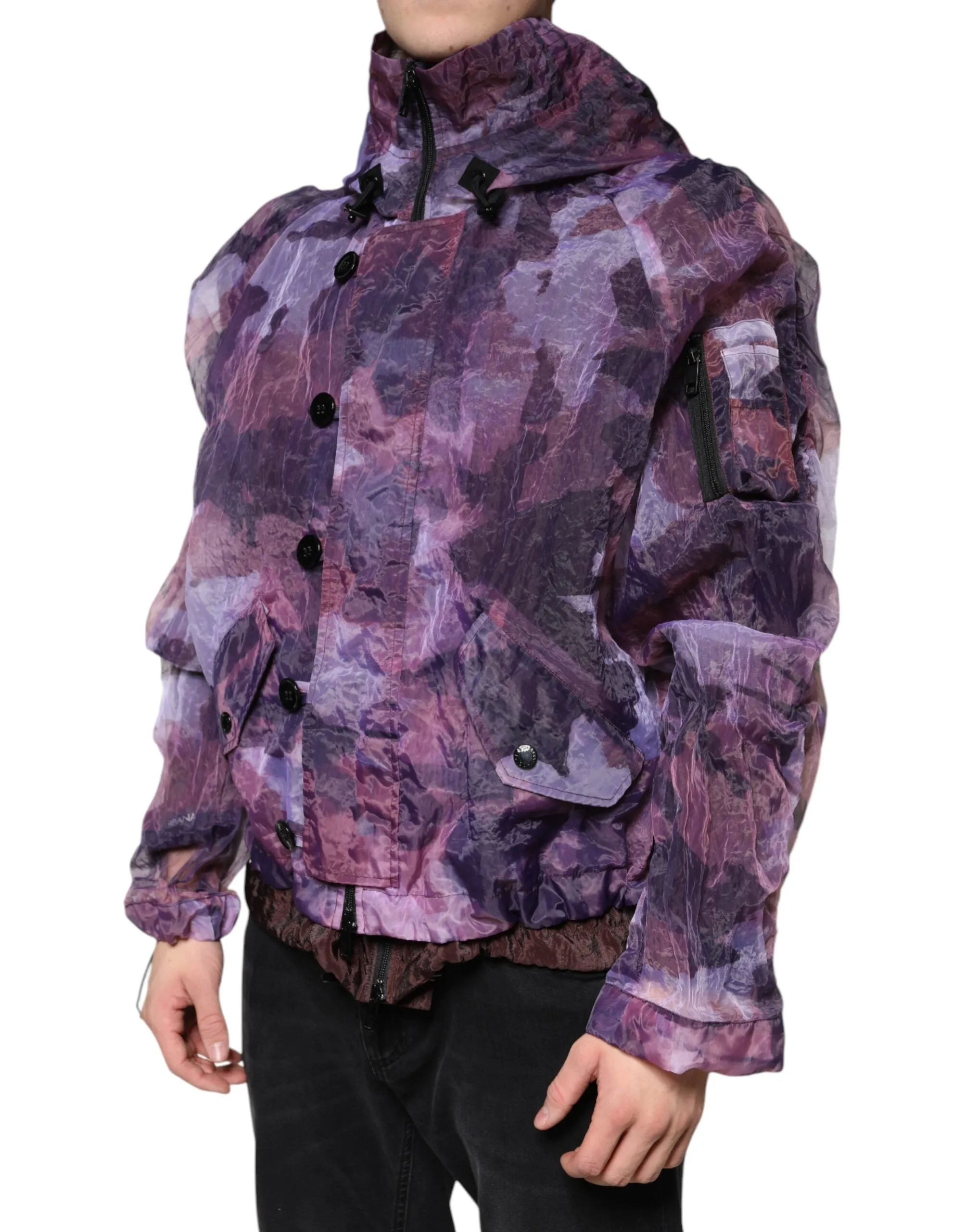Dolce&Gabbana Men Purple Blouson Jacket Nylon Camouflage Print Zip Hooded Bomber