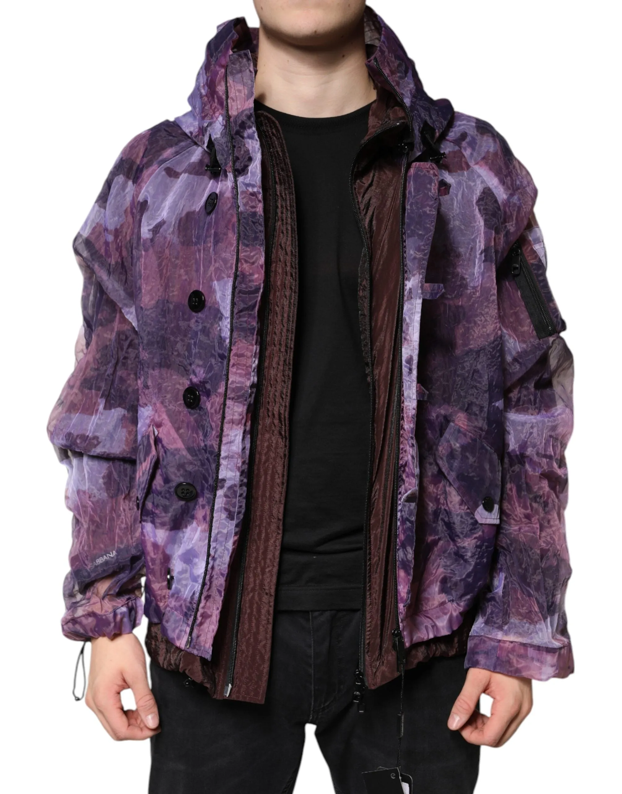 Dolce&Gabbana Men Purple Blouson Jacket Nylon Camouflage Print Zip Hooded Bomber
