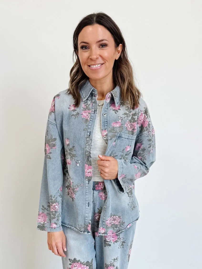 Floral Printed Denim Button Up Shirt