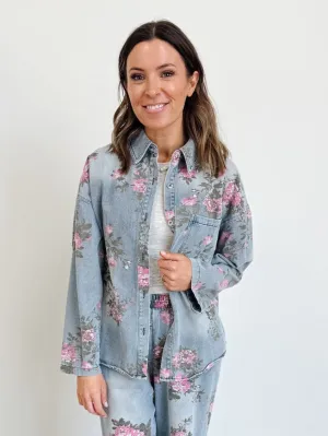Floral Printed Denim Button Up Shirt