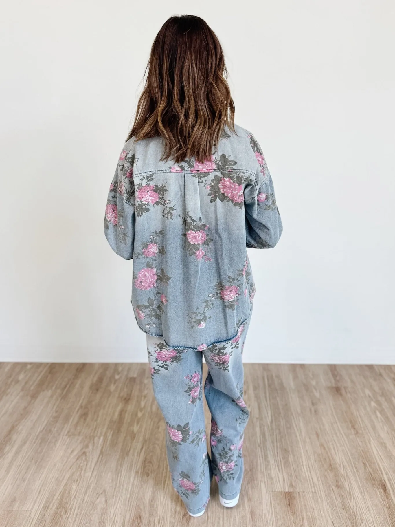 Floral Printed Denim Button Up Shirt