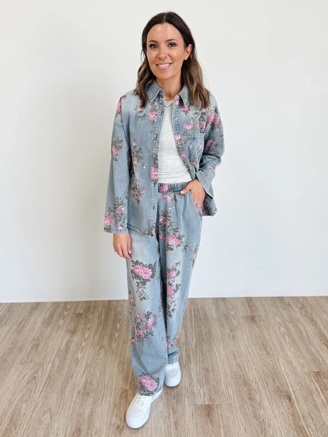 Floral Printed Denim Button Up Shirt