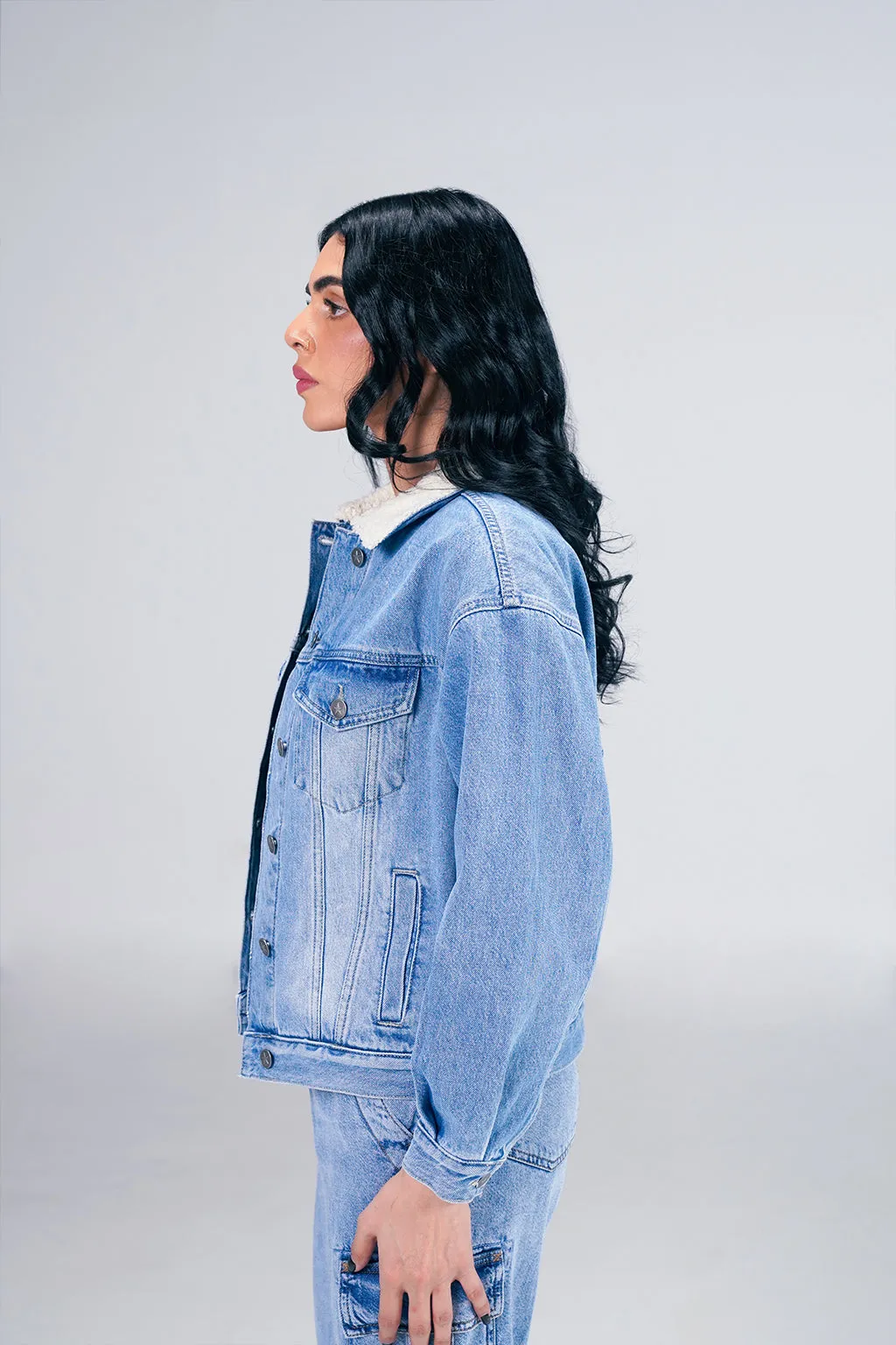 Light Denim Jacket With Sherpa