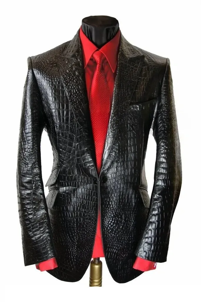 Men's Real Leather Croco Embossed Blazer Single Button Long Lapel Black Coat  - Leather Jackets
