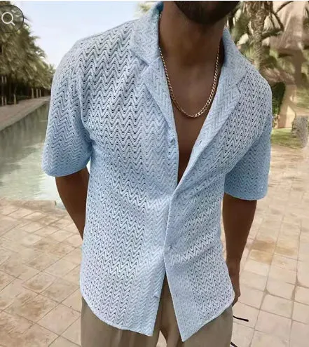 Men's Solid Color Knit Lapel Shirt