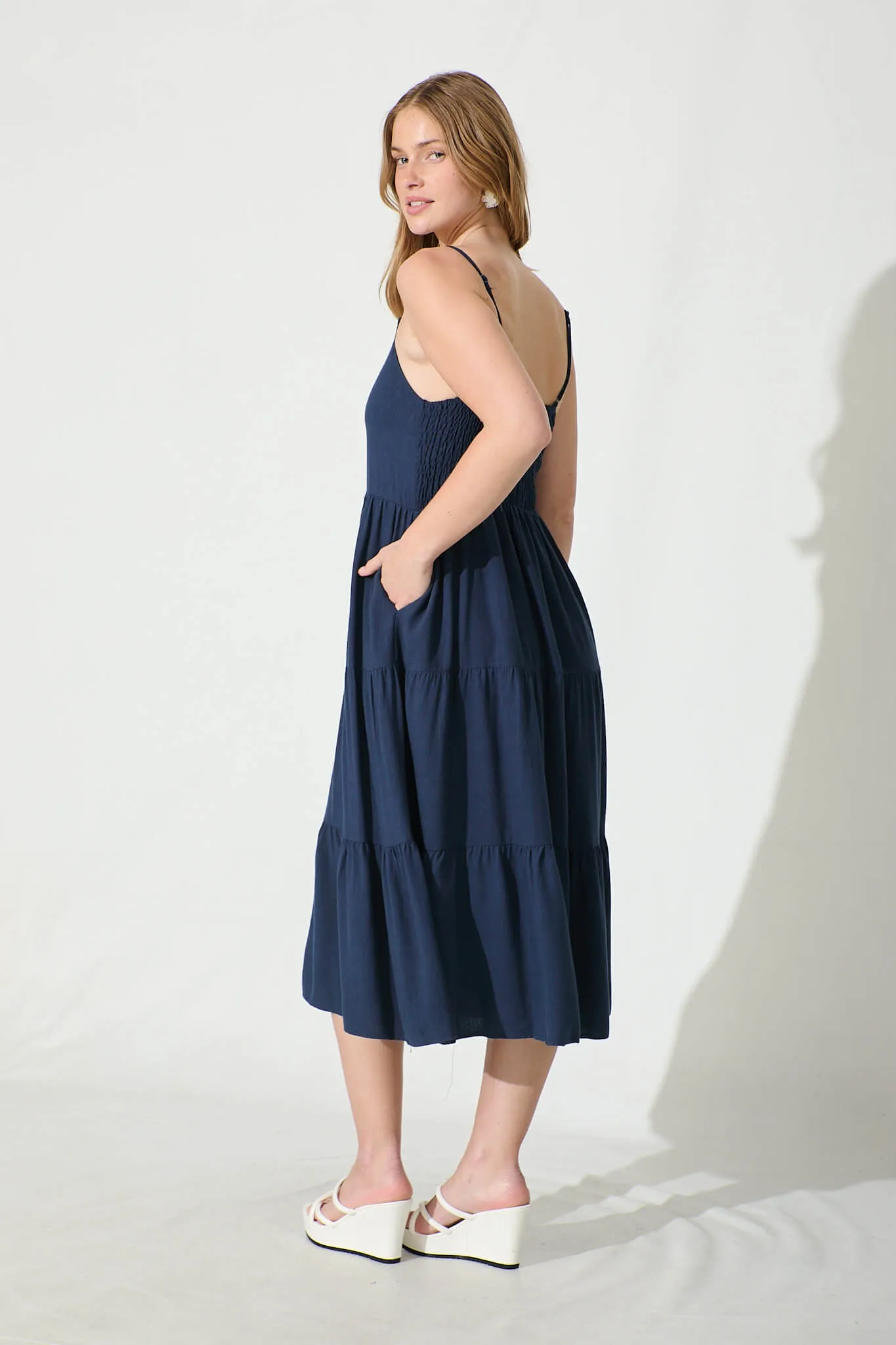 Navy Linen Blend Midi Dress for a Perfect Summer Look
