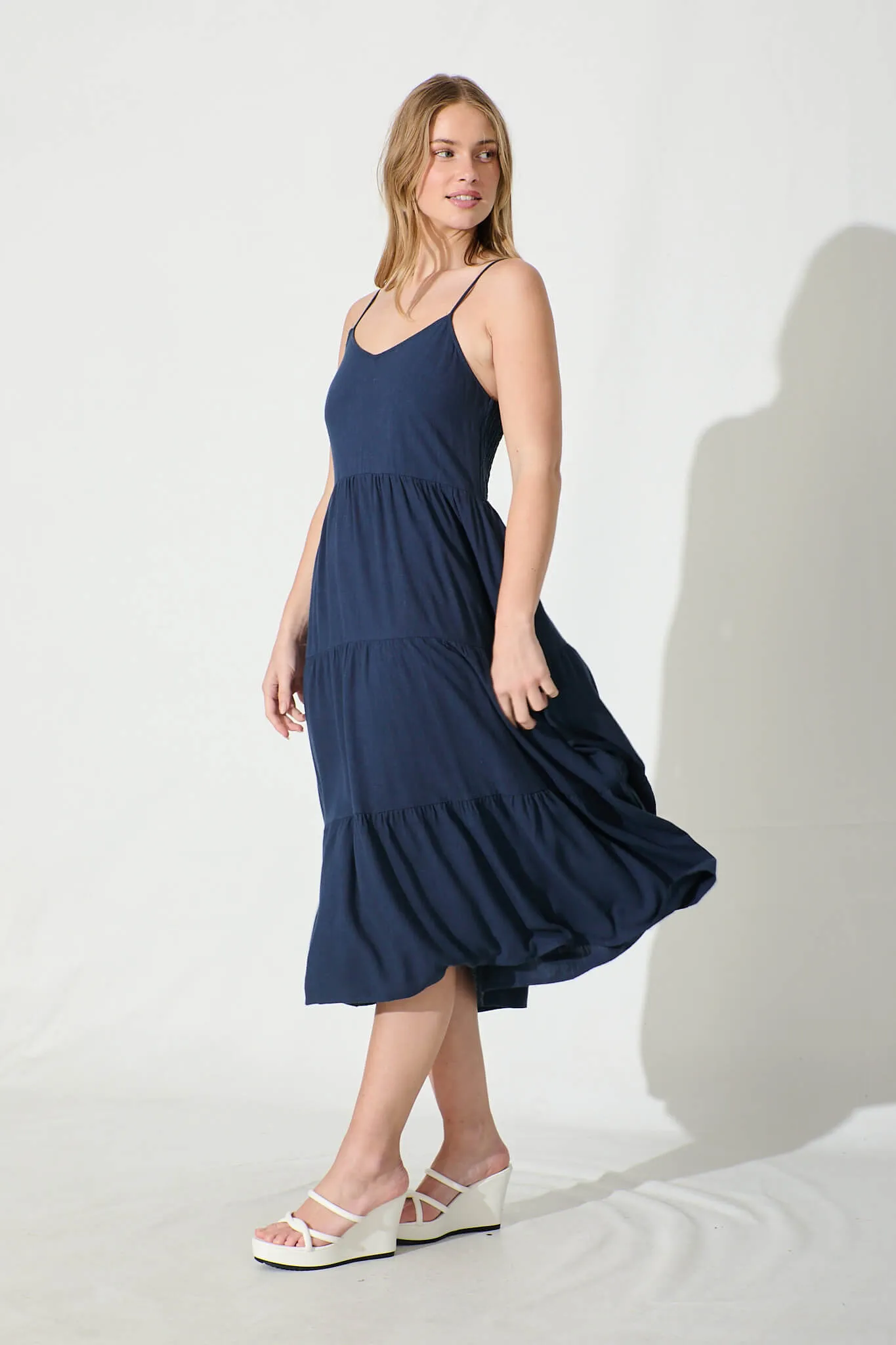 Navy Linen Blend Midi Dress for a Perfect Summer Look