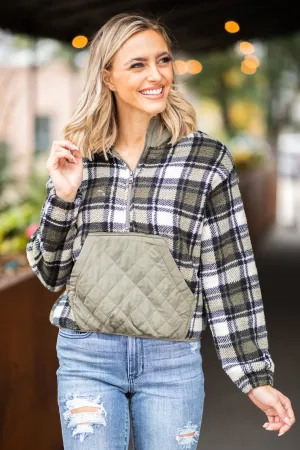 Olive and Black Plaid 1/4 Zip Hooded Pullover