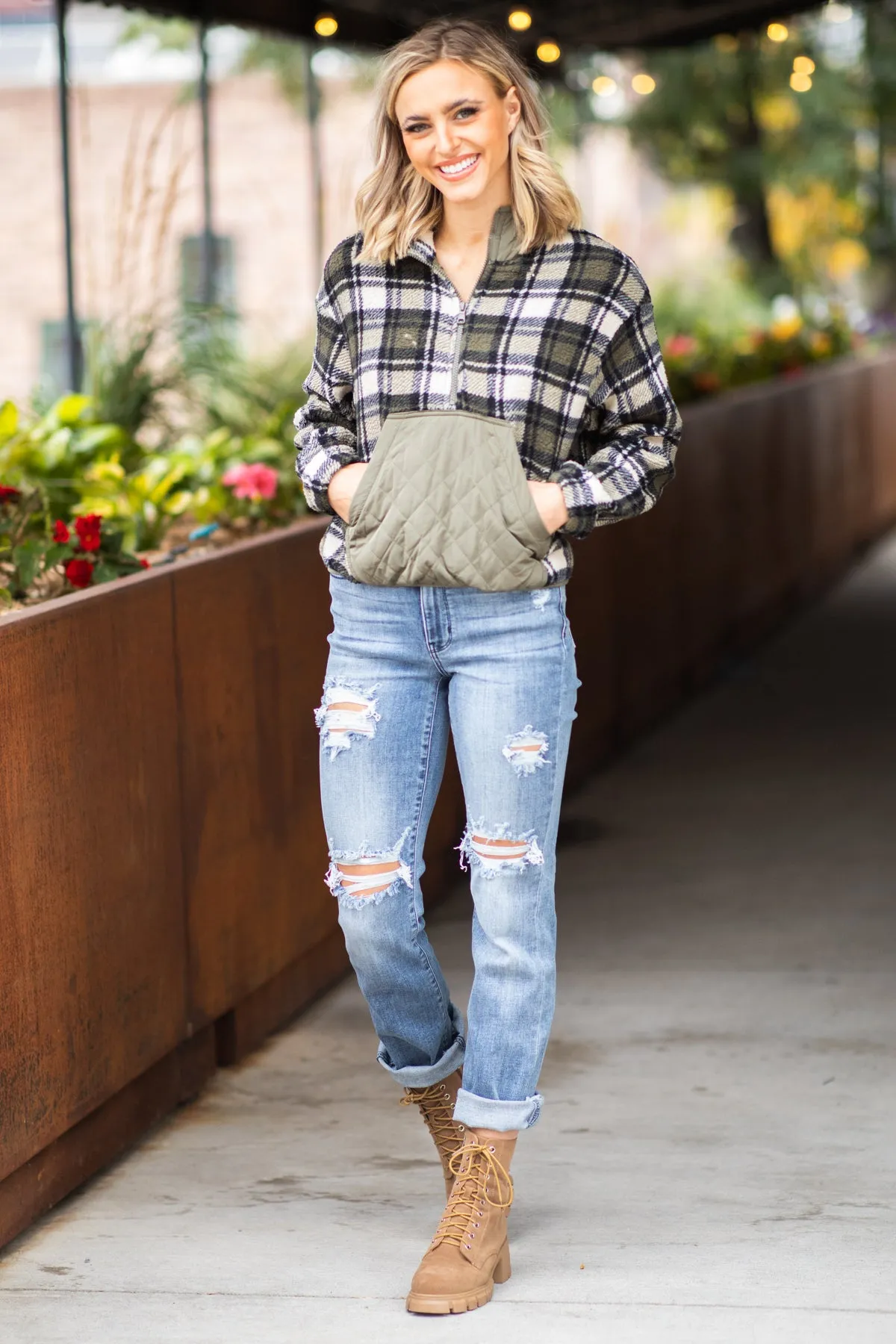 Olive and Black Plaid 1/4 Zip Hooded Pullover