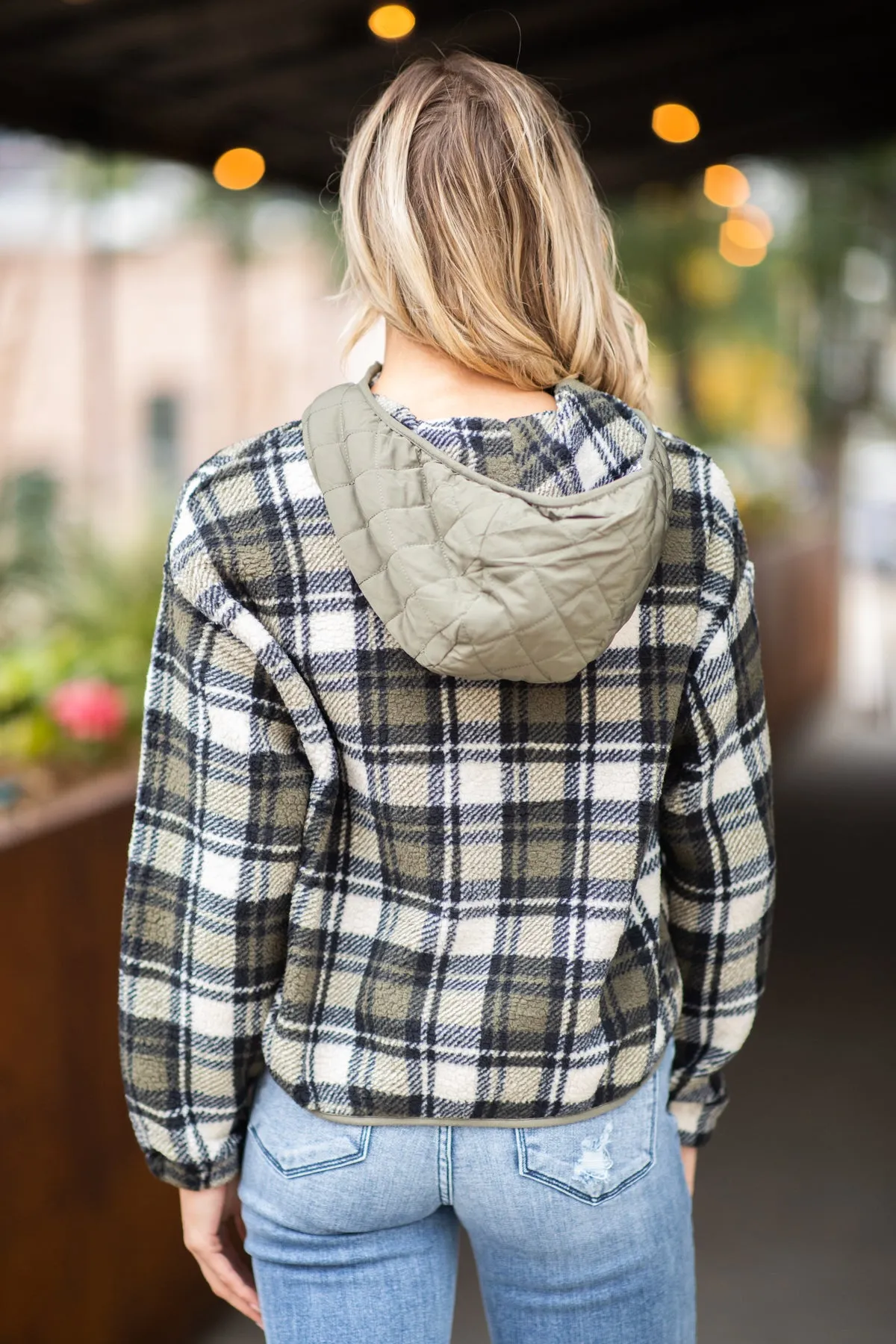 Olive and Black Plaid 1/4 Zip Hooded Pullover