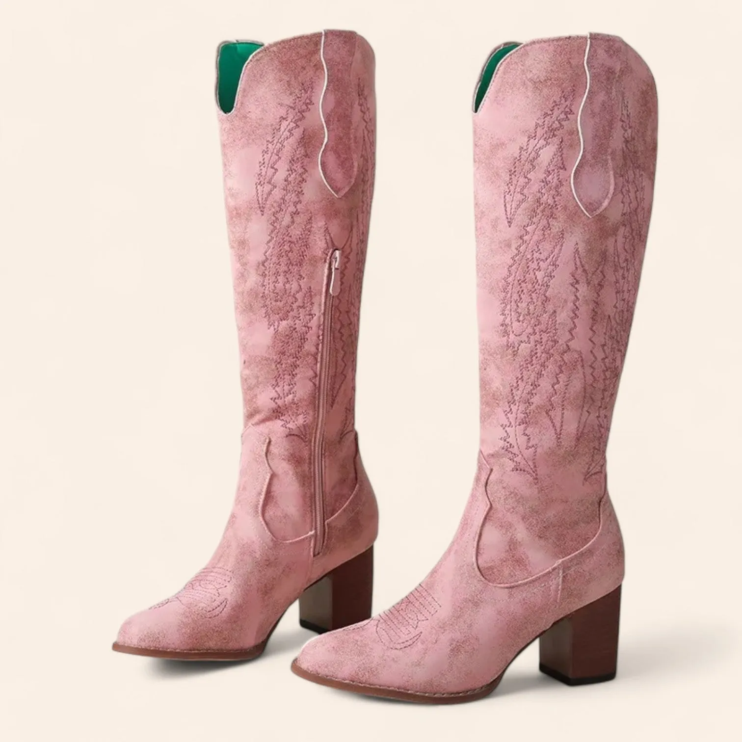 Pink suede cowboy boots with pink embroidery - N°73