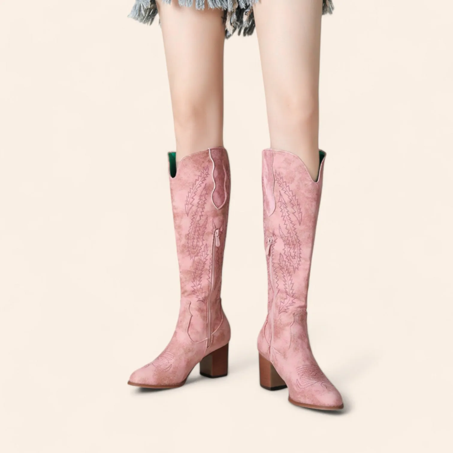 Pink suede cowboy boots with pink embroidery - N°73