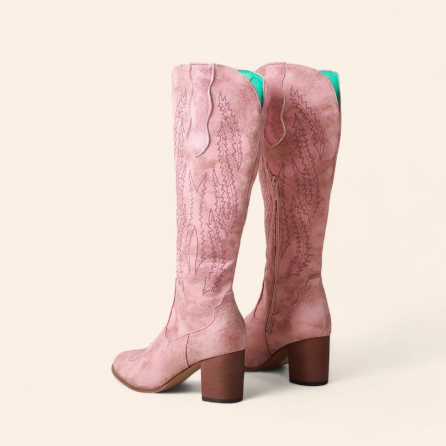 Pink suede cowboy boots with pink embroidery - N°73