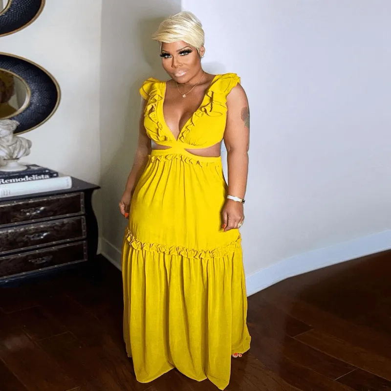 Quiana Plunge Neck Ruffle Tiered Cutout Maxi Dress