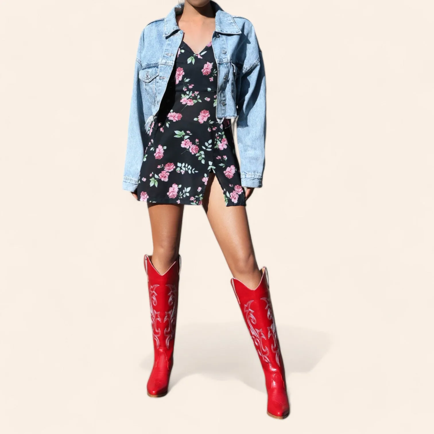 Red cowboy boots with embroidery and brown heel - N°85