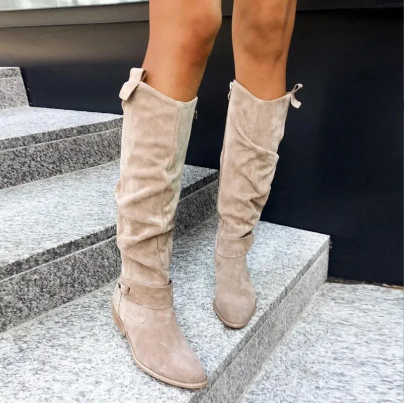 Women’s Classic Knee-High Retro Cowboy Boots with Side Zipper
