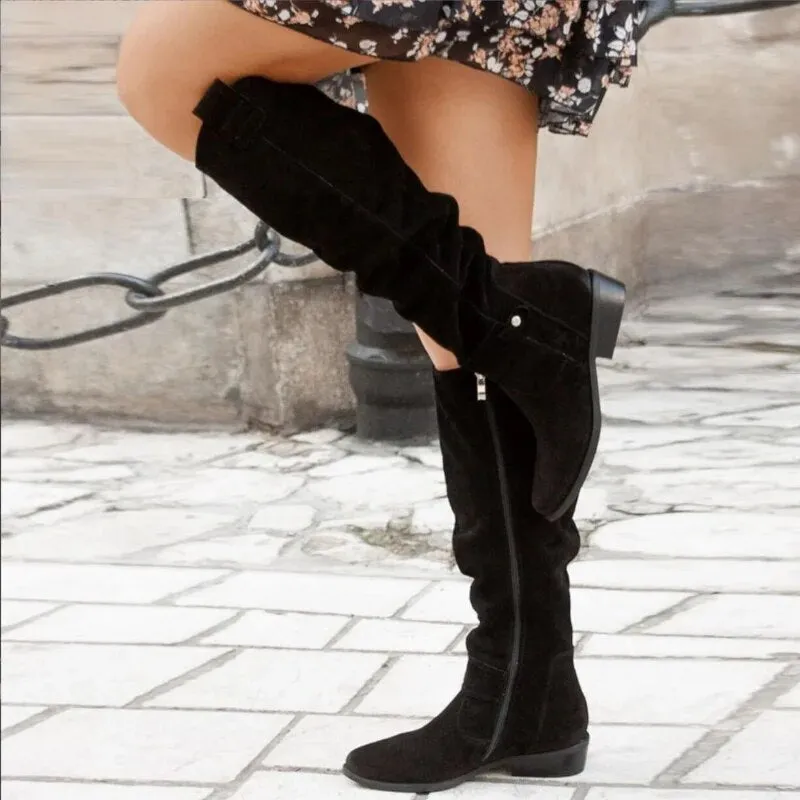 Women’s Classic Knee-High Retro Cowboy Boots with Side Zipper