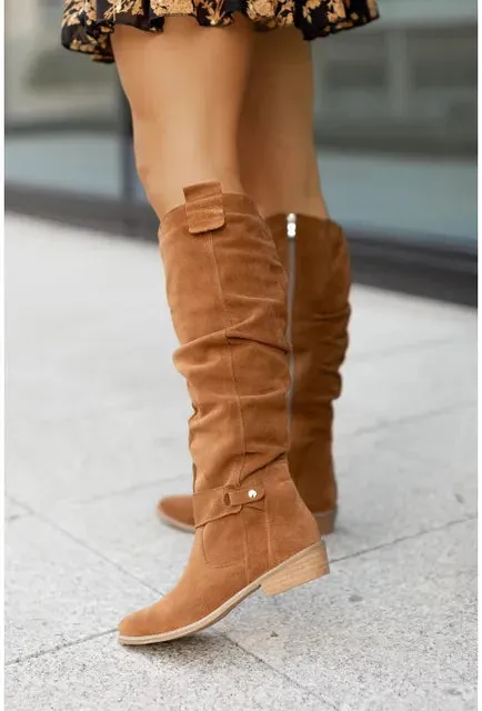 Women’s Classic Knee-High Retro Cowboy Boots with Side Zipper