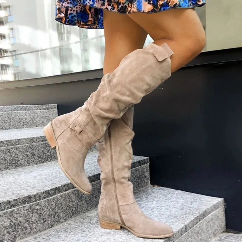 Women’s Classic Knee-High Retro Cowboy Boots with Side Zipper