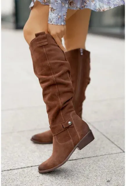 Women’s Classic Knee-High Retro Cowboy Boots with Side Zipper