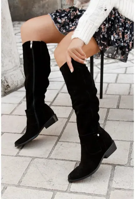 Women’s Classic Knee-High Retro Cowboy Boots with Side Zipper