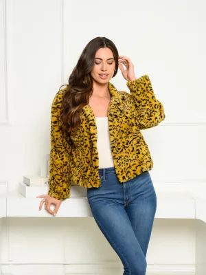 WOMEN'S LONG SLEEVE ANIMAL PRINT FUZZY BUTTON UP JACKET